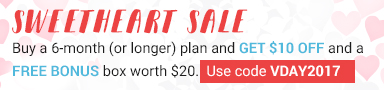 SWEETHEART SALE. Buy a 6-month (or longer) plan and GET $10 OFF and a FREE BONUS SWEET box worth $20. Use code VDAY2017. offer ends 2/15/17