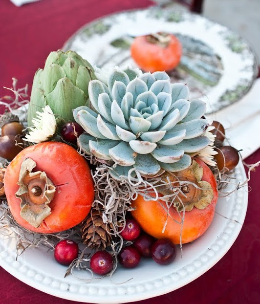 Centerpiece of Succulents and Persimmons